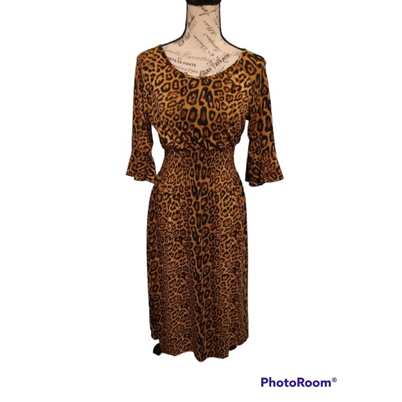 Sign here leopard print flared sleeve Dress Sm Boho Feminine Cottagecore Artsy - Picture 2 of 7